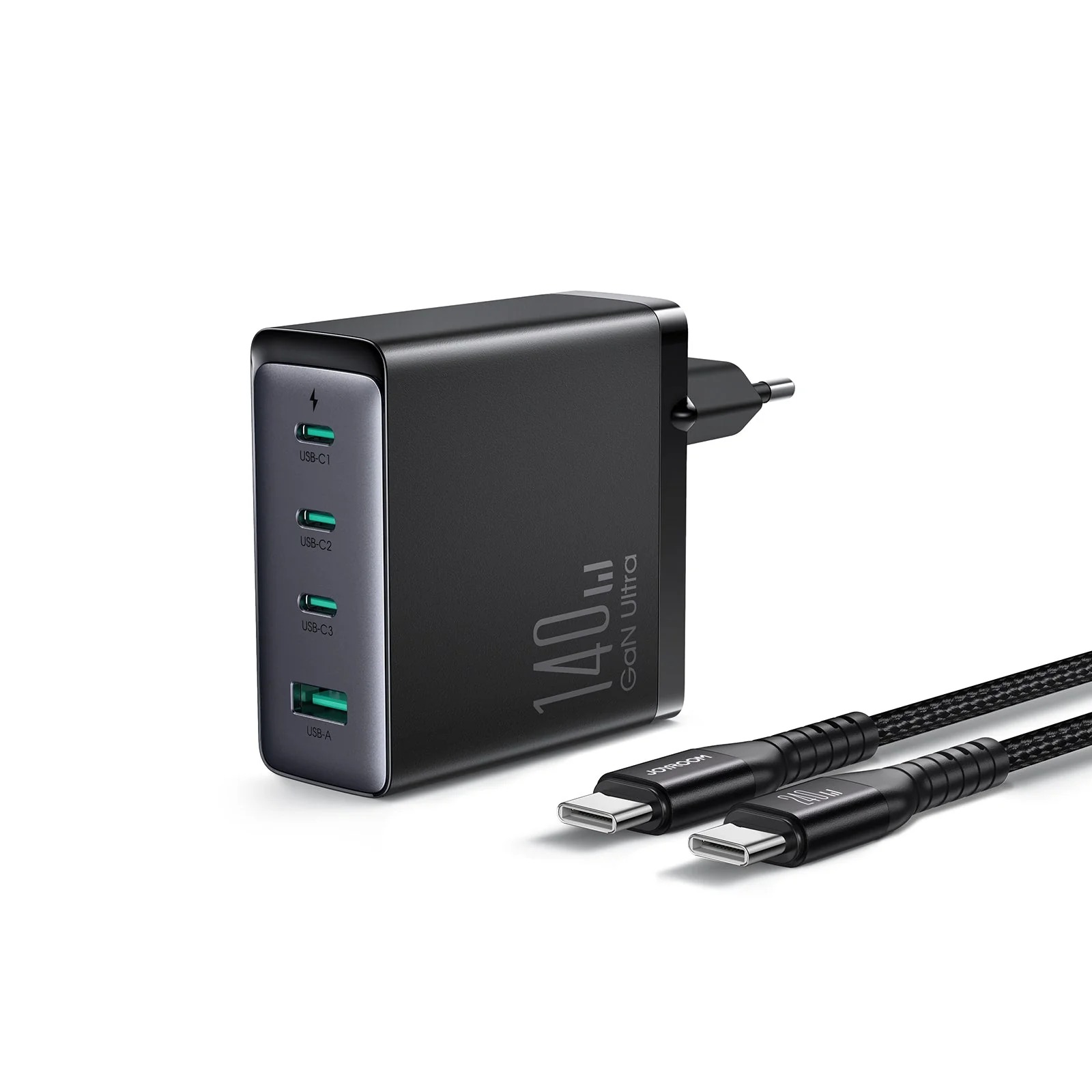Joyroom Wall Charger with Type C Cable , 4 Ports Multi Ports , 140 Watt Black - JR-TCG05