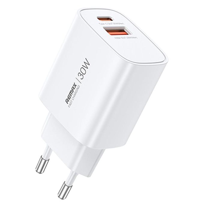 Remax Wall Charger , 2 Ports Dual Ports Type C and A , 30 Watt White - U187-C30W