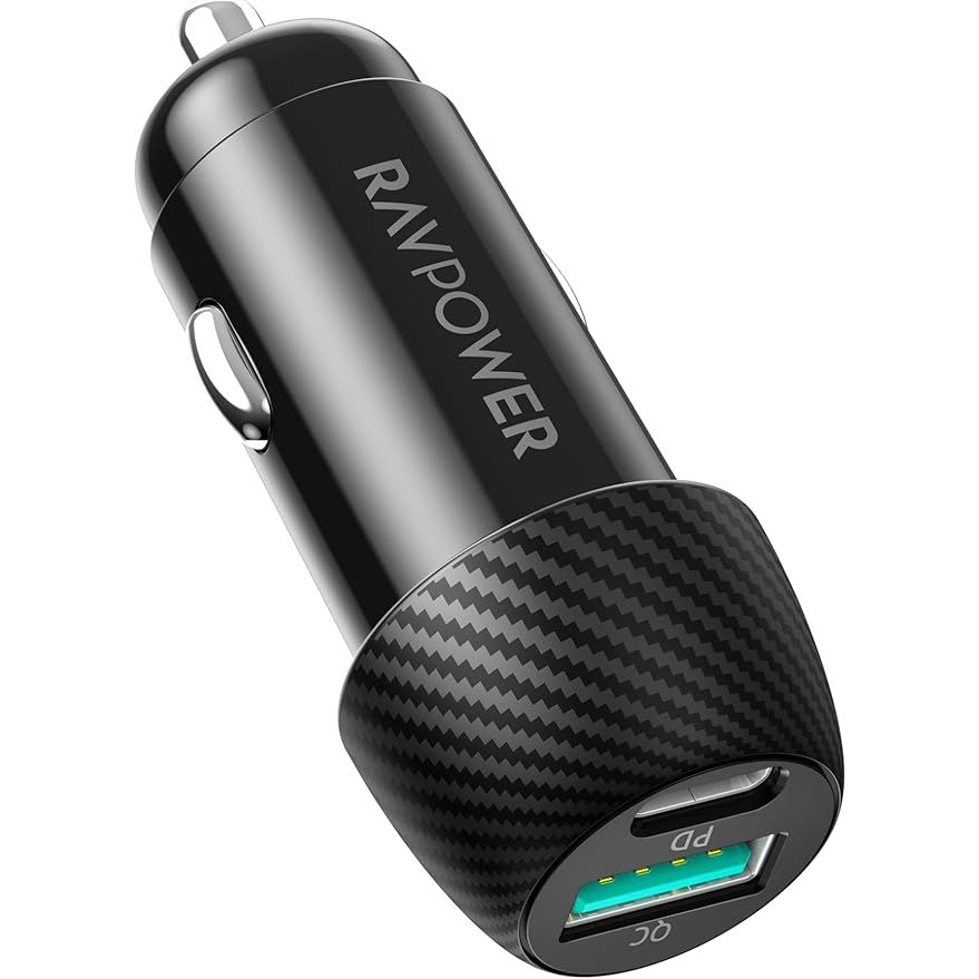 Ravpower Car Charger , 2 Ports , Dual Ports Type C and A , 49 Watt , Black - RP-VC030