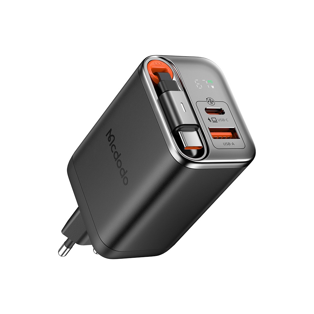 Mcdodo Wall Charger with Built-in Cable , 2 Ports Dual Ports Type C and A , 67 Watt Black - CH-410