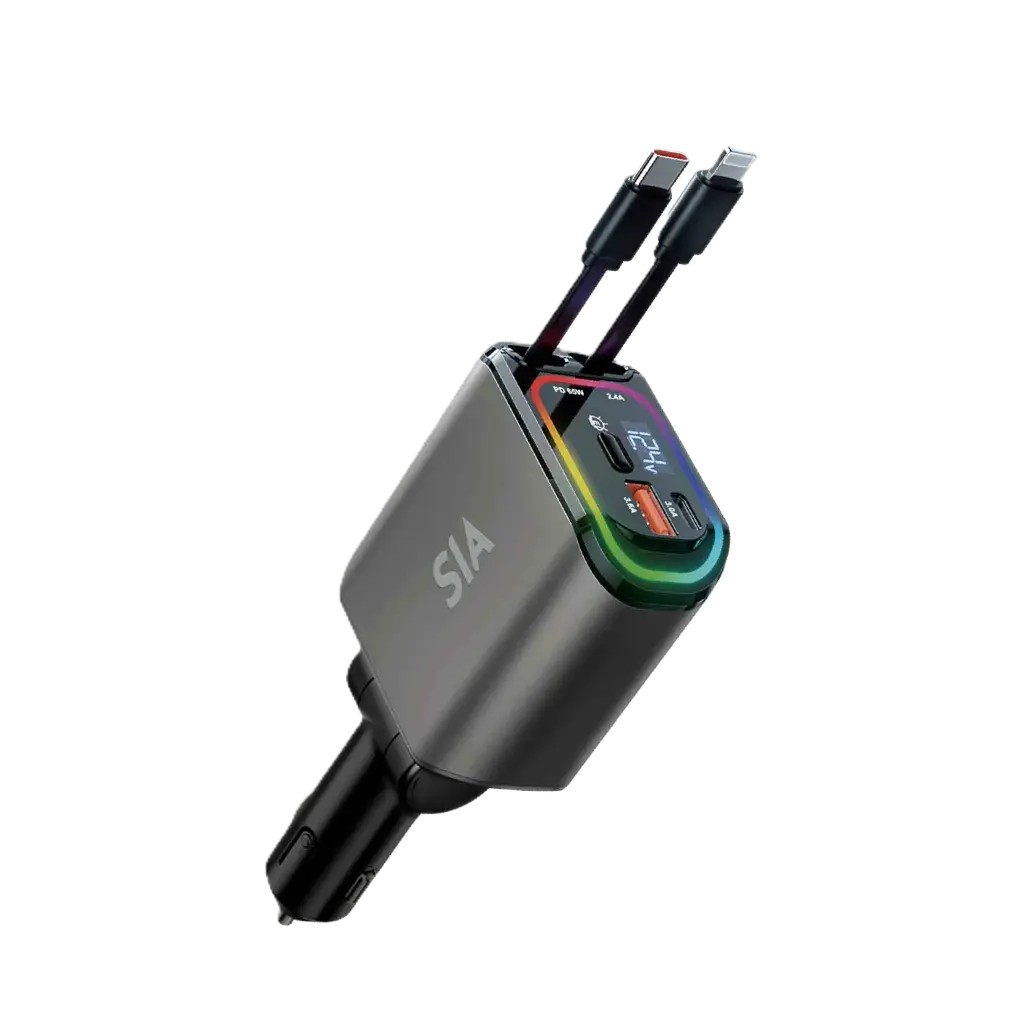 Sia Volt Road Car Charger with Built-in Cables , 2 Ports , Type C and Lightning , 110 Watt , Black - BKCRC110WP2-BK