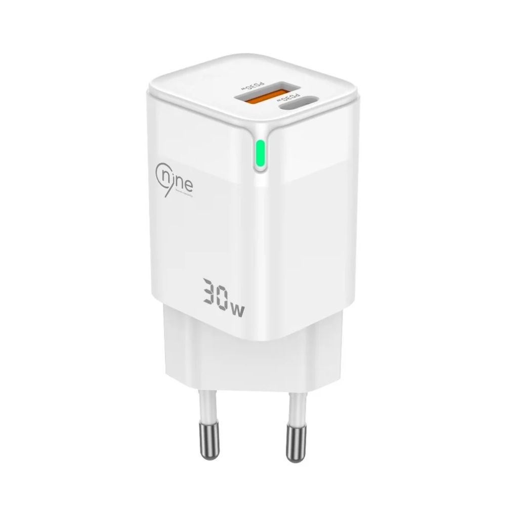 Nine Light Power Wall Charger , 2 Ports Dual Ports Type C and A , 30 Watt 100 Volt White