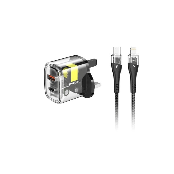 Porodo Wall Charger with Lightning Cable , 2 Ports Dual Ports Type C and A , 20 Watt Black - PD-T20WACCL-BK