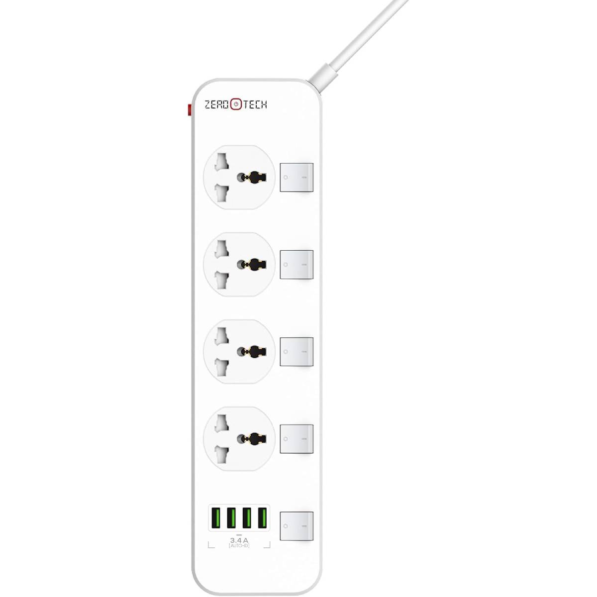ZeroTech Power Strip ,8 Ports ,2500 Watt ,White - ZPCPS-44CH