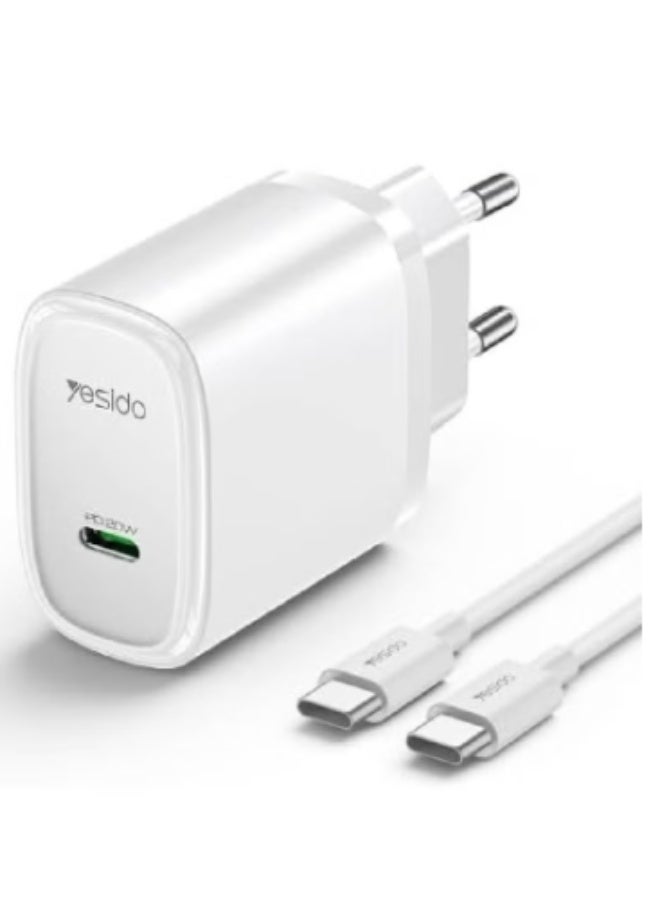 Yesido Wall Charger with Type C Cable , 1 Ports Type C , 20 Watt 250 Volt White - YC57C