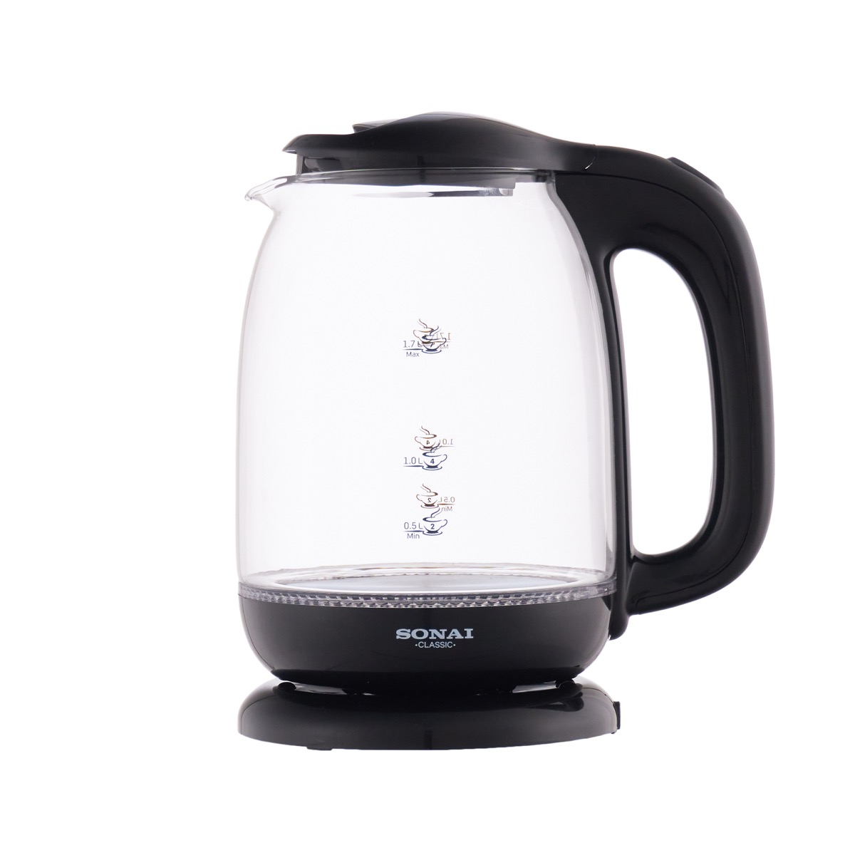 Sonai Classic Glass Electric Kettle , 1.7 Liter 2200 Watt , Black - 676491