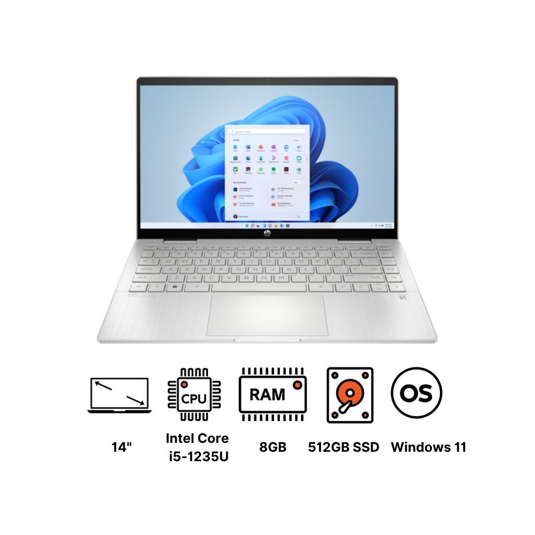 Hp Pavilion X360 14-EK0011NE Laptop ,Intel Core i5-1235U 14 Inch ,512 GB SSD ,8 GB ,Intel Iris XE Graphics ,Windows 11 - Silver