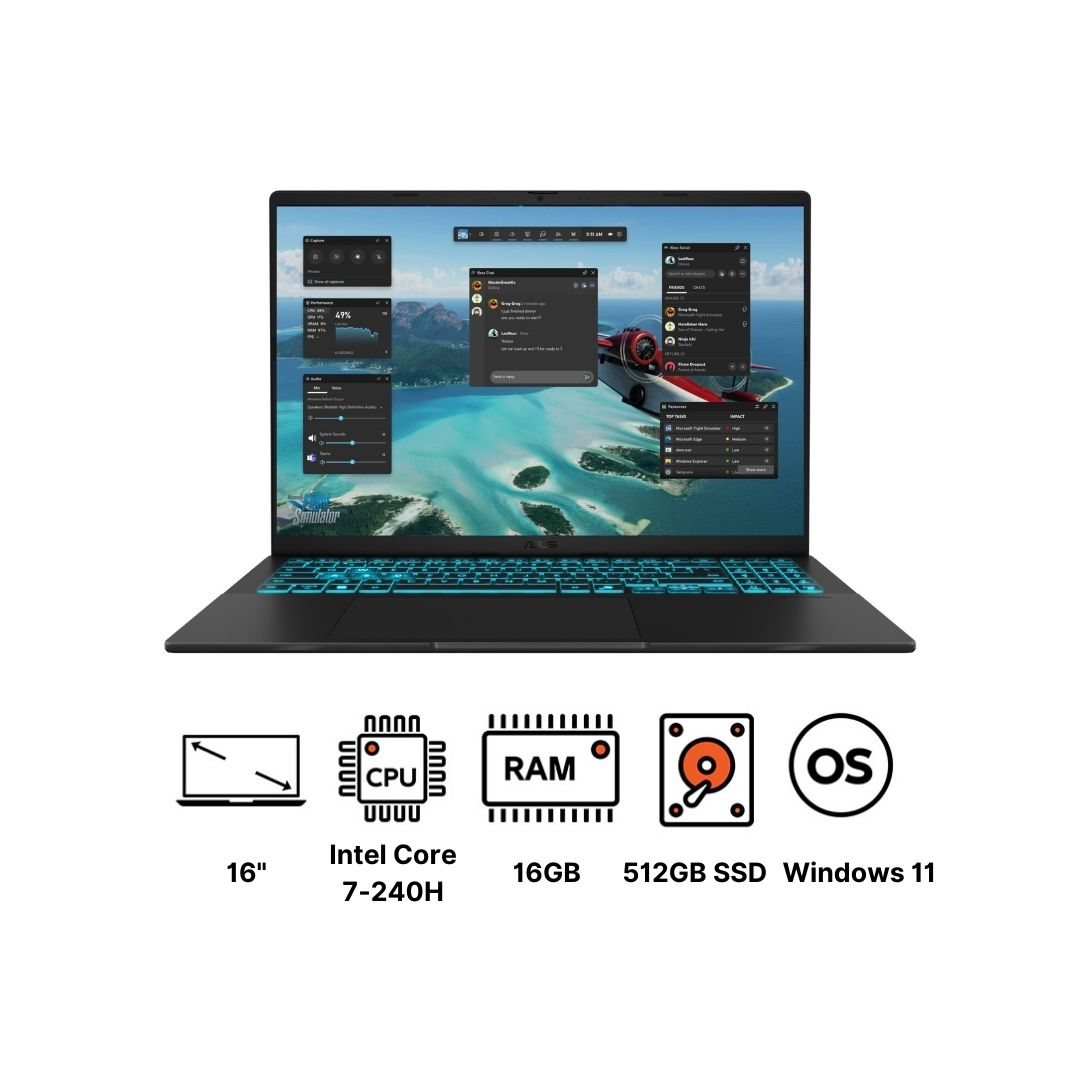 Asus V16 V3607VJ-RP007W Laptop ,Intel Core 7-240H 16 Inch ,512 GB SSD ,16 GB ,NVIDIA GeForce RTX 3050 ,Windows 11 - Black