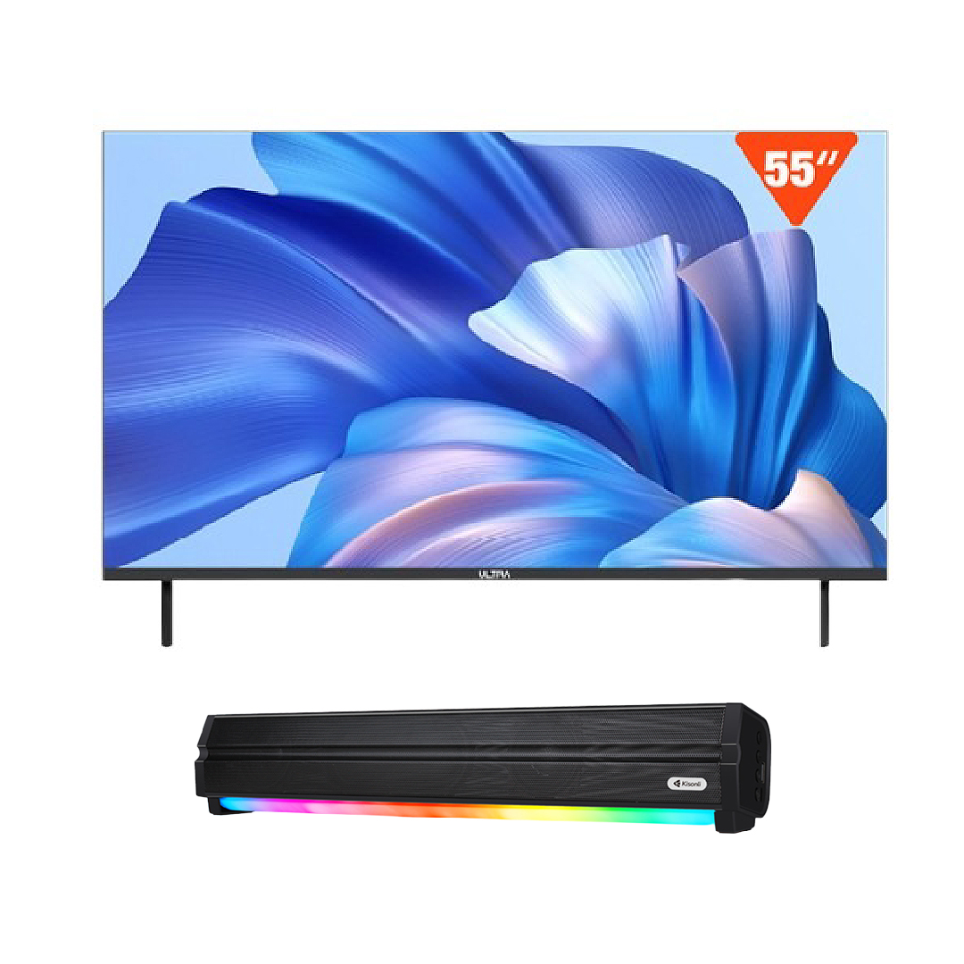 Ultra 55 Inch Frameless Smart TV , 4K LED Built-In Receiver - UT55SUH3, with Kisonli Soundbar, Black - LED-802