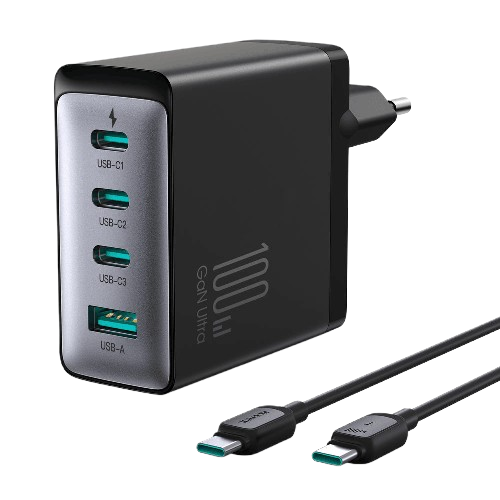 Joyroom Ultra Wall Charger with Type C Cable , 4 Ports Dual Ports Type C and A , 100 Watt Black - JR-TCG04EU