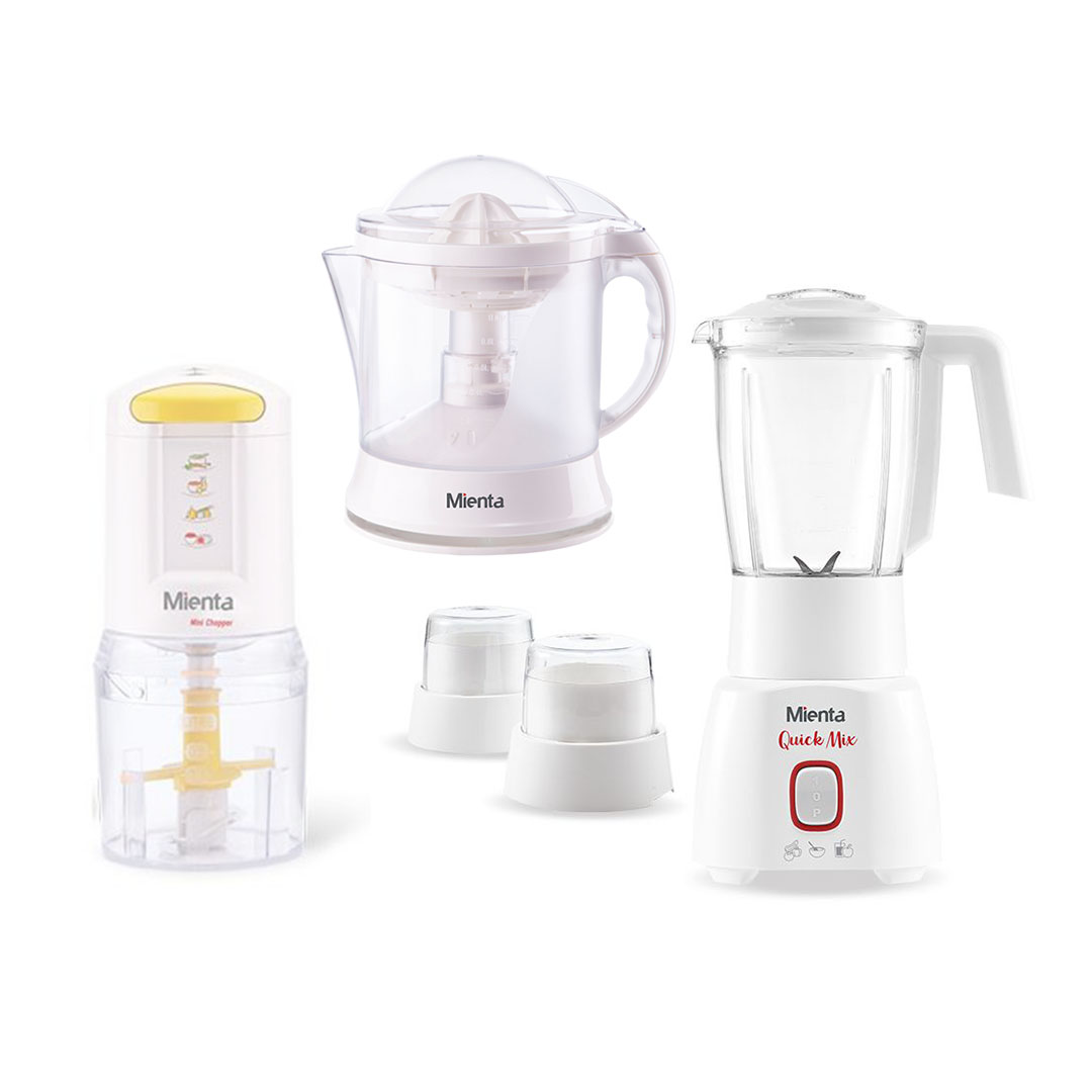 Mienta Quick Mix Countertop Blender 1.75 Liter 450 Watt White - BCC4000A with Mini Chopper, 0.5 Liter, 450 Watt - White and Citrus Juicer, 1 Liter, 40 Watt - White