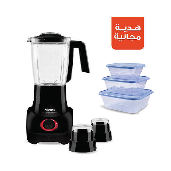 Mienta Powerblend Countertop Blender with Attachments 1.75 Liter 800 Watt Black - BL1271G, with 3 Plastic Fridge Containers