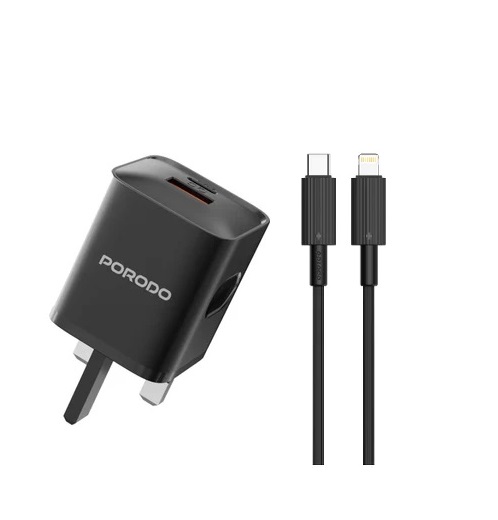 Porodo Wall Charger with Lightning Cable , 2 Ports Dual Ports Type C and A , 20 Watt Black - PD-FWCH023-C-BK