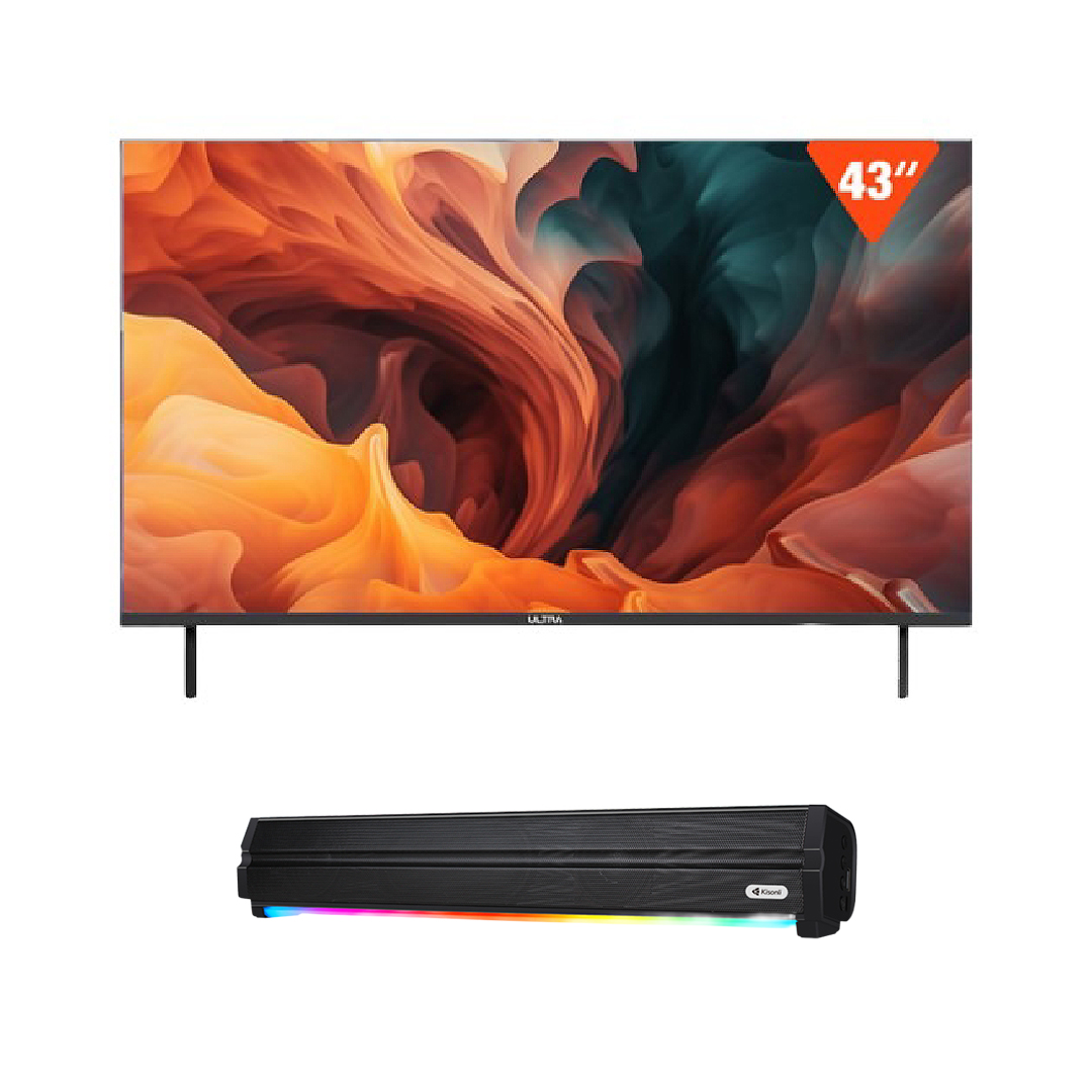 Ultra 43 Inch Frameless Smart TV , FHD LED - UT43SH-V5, with Kisonli Soundbar, Black - LED-802