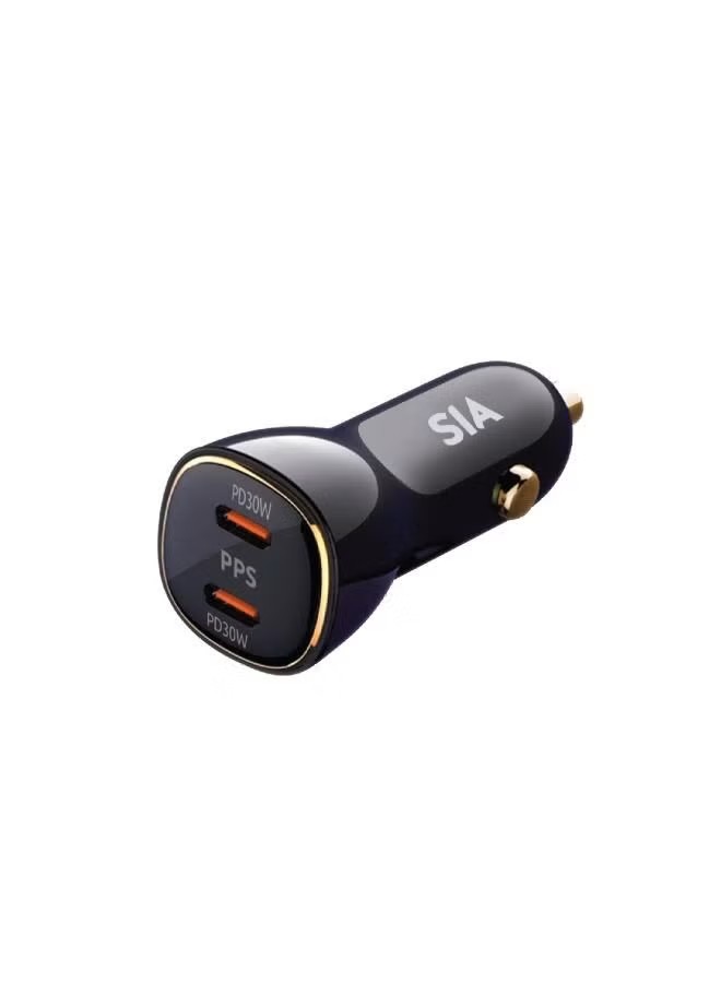 Sia Car Charger , 2 Ports , Dual Ports Type C and A , 60 Watt , Black Gold - PD30C