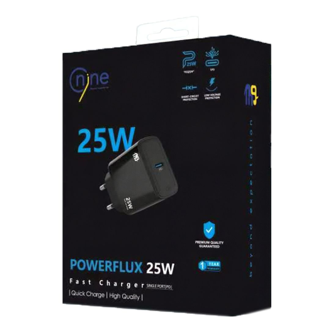 Nine Power Fluxe Wall Charger , 1 Ports Type C , 25 Watt 100 Volt Black