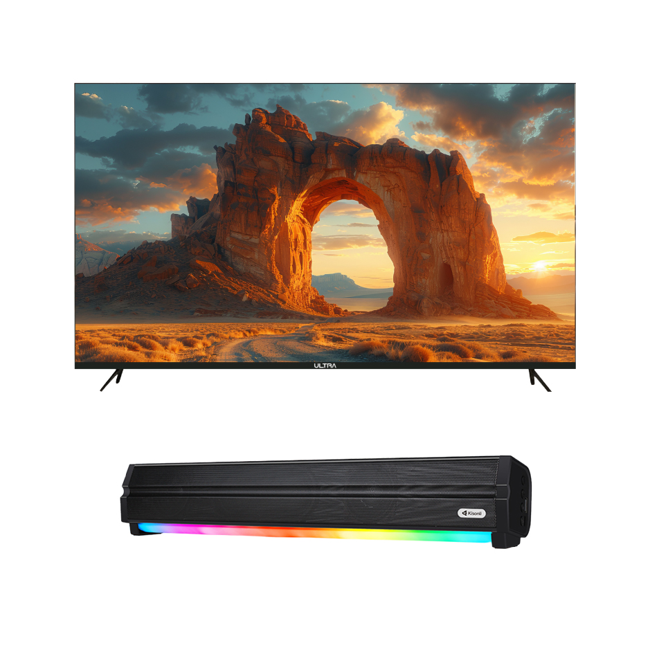 Ultra 65 Inch Frameless Smart TV , 4K LED Built-In Receiver - UT65SEL2, with Kisonli Soundbar, Black - LED-802
